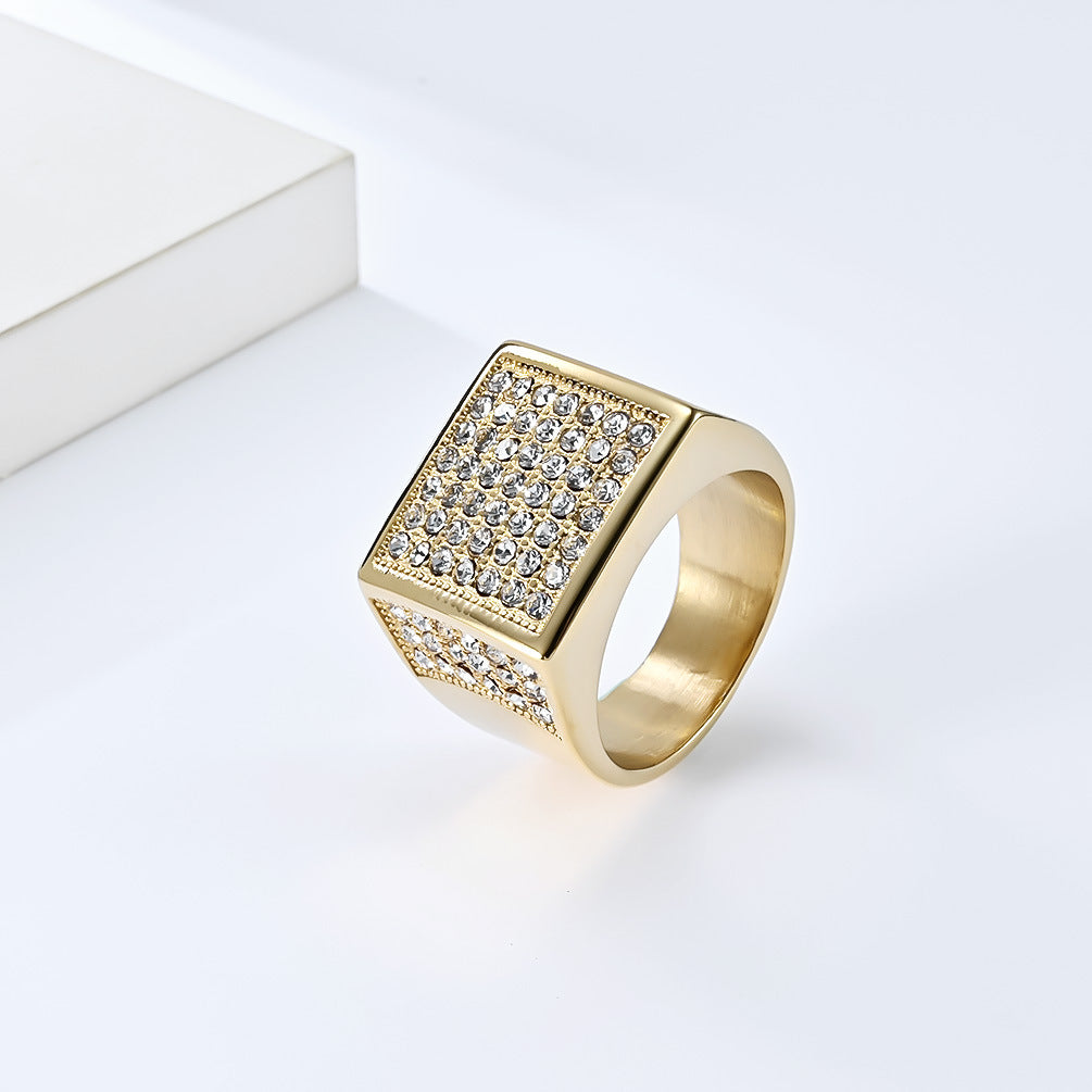 Planderful Mens Hip Hop Titanium Steel Ring Gold Plated Zircon Bold Statement Jewelry For Him