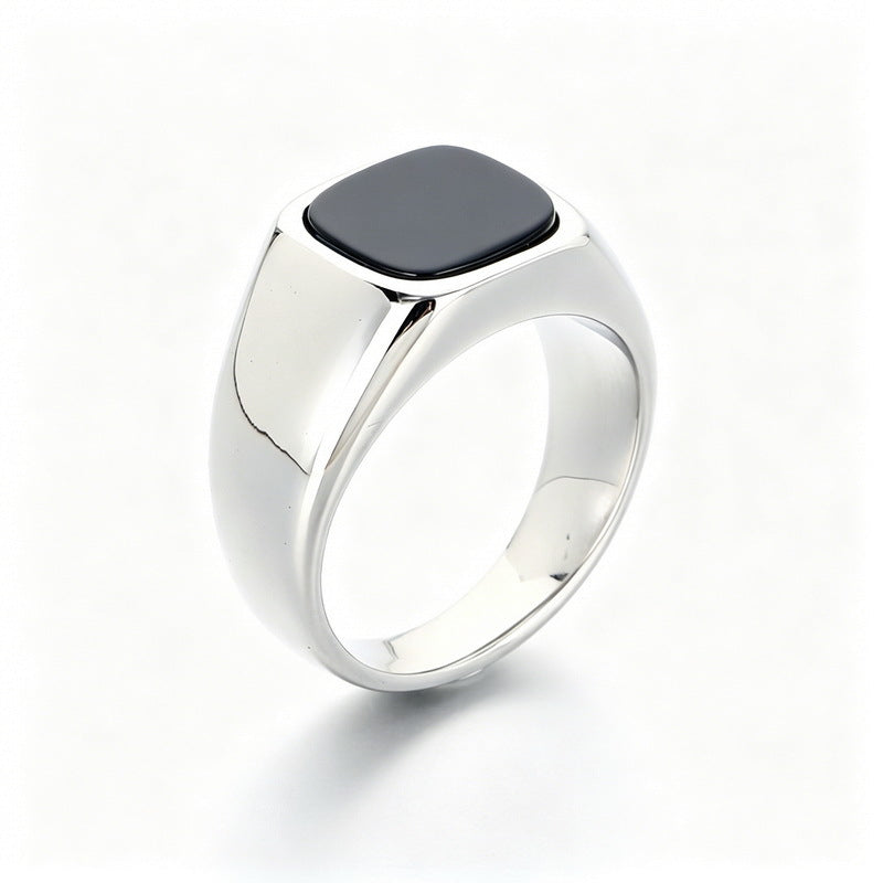 Cold Smooth Stainless Steel Ring, Square Black Stone Titanium Steel Men's