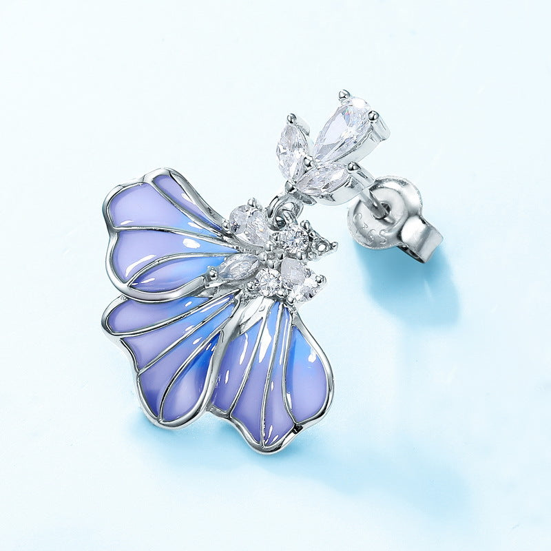Enamel Blue Iris Flower Pendant Zircon Sterling Silver Drop Earrings