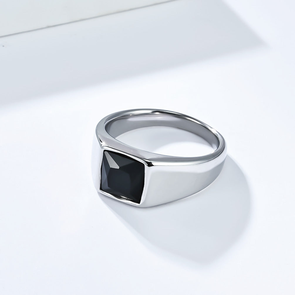 Planderful Mens Rhombus Cut Glass Gem Titanium Steel Ring Premium Personalized Fashion Jewelry for Men