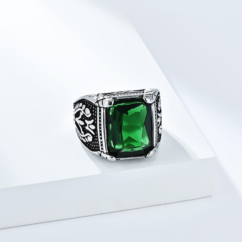 Planderful Men's Titanium Steel Ring With Glass Gem Inlay, European Retro Tulip Design, Bold Fashion Jewelry