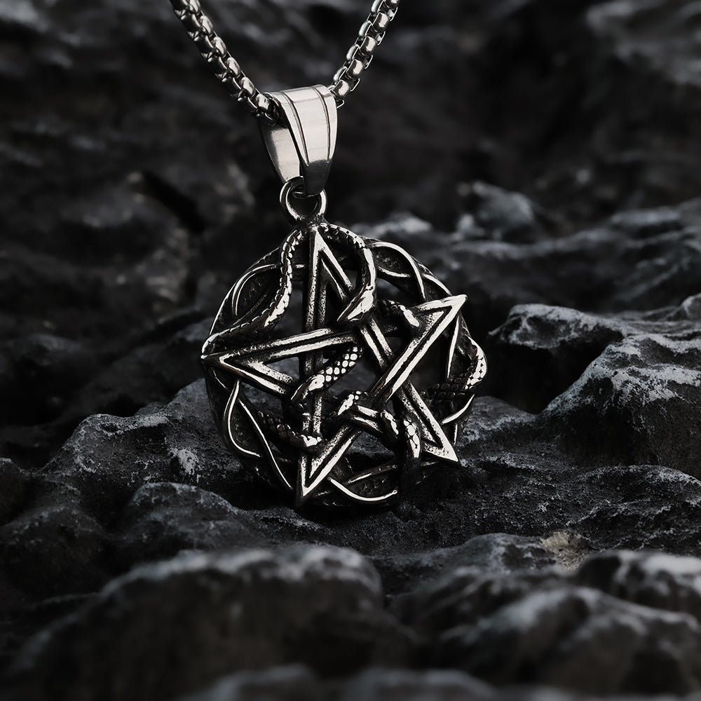 European And American Retro Men's Stainless Steel Pendant Hexagram Snake Necklace