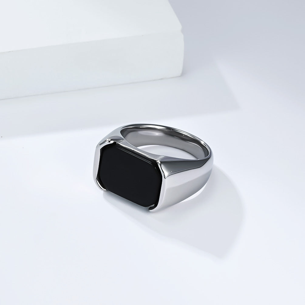 Planderful Men Stainless Steel Ring Glossy Black Stone