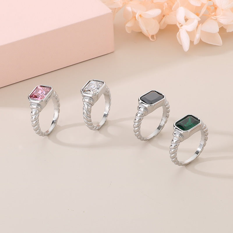 Twist Edge Square Inlaid Glass Ring Female, Design Sense Sugar