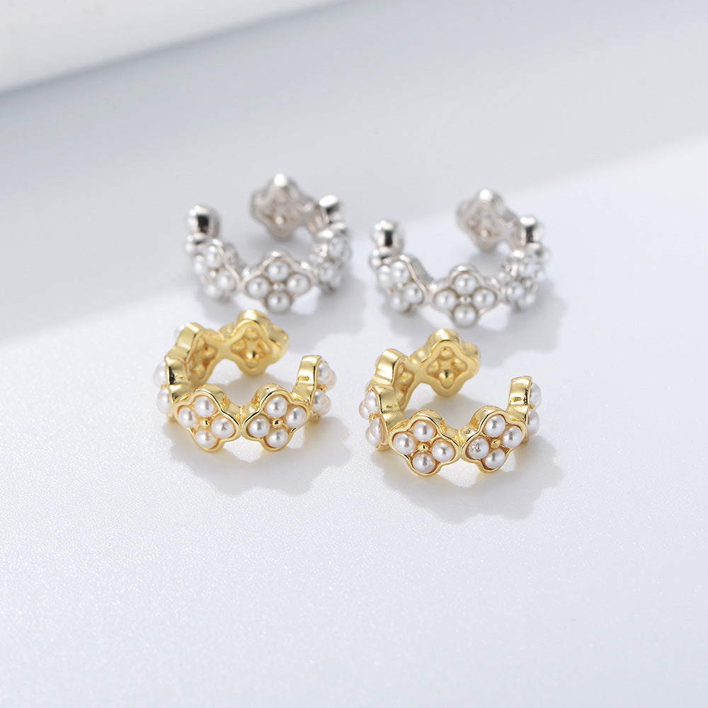 S925 Sterling Silver Geometric Pearl Earrings Ear Buckles