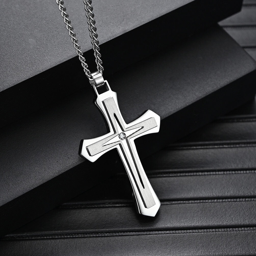 Planderful Titanium Steel Double Cross Hip Hop Necklace For Men Durable Stainless Steel Jewelry