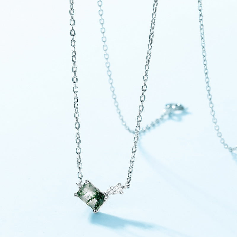 S925 Sterling Silver Moss Agate Square Pendant Necklace