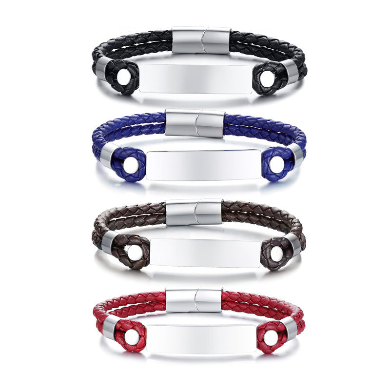 Leather Trendy Simple Blank Stainless Steel Bracelet for Men
