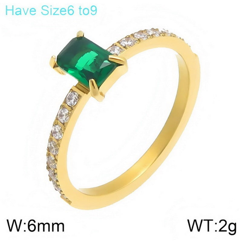 French Four-Claw Rectangle Color Zircon Ring Half Circle Zircon Stainless Steel