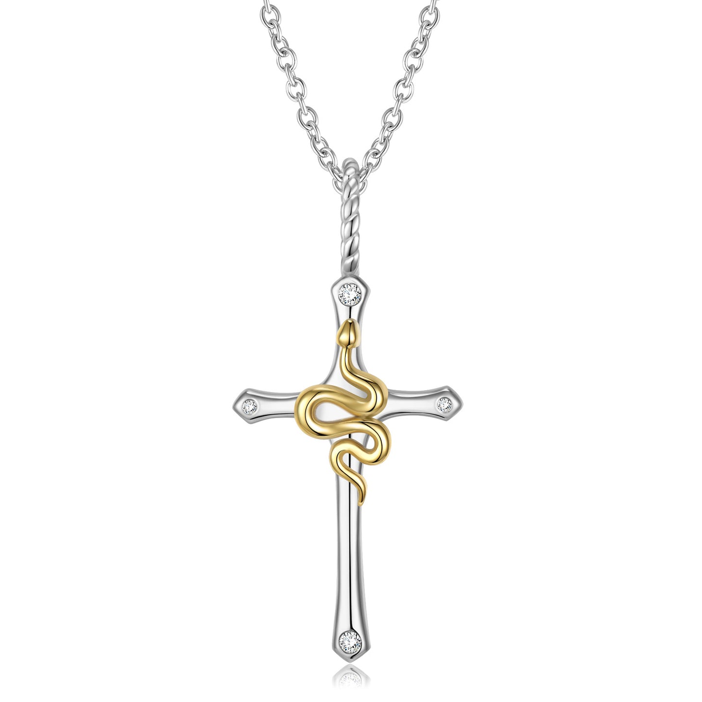 Cross with Golden Snake Silver Necklace