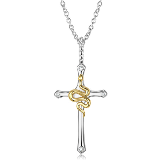 Cross with Golden Snake Silver Necklace