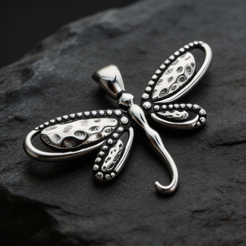 Dark Retro Old Dragonfly Snake Woman Fallen Angel Stainless Steel Men's Pendant Necklace