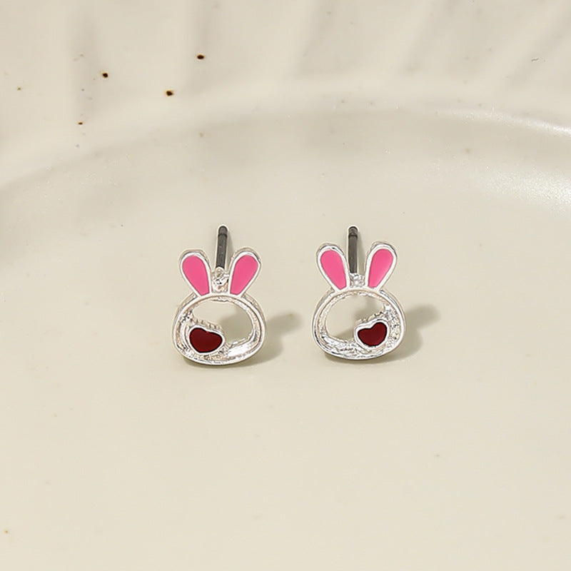 Sweet Pink Jade Rabbit Metal Earrings for Summer Girls