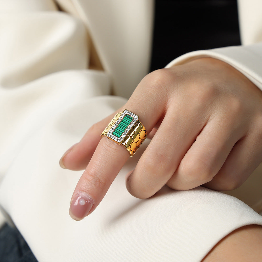 Luxurious Geometric Zircon-Embellished Ring with Titanium Steel and Gold Plating