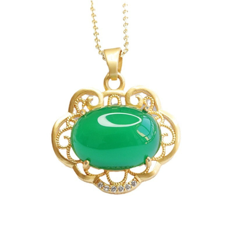 Ethnic Style Jewelry Oval Emperor Green Chalcedony Hollow Ruyi Pendant Necklace