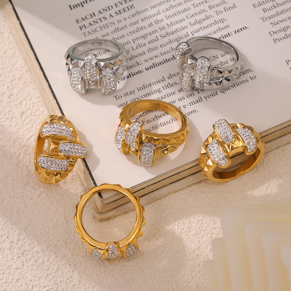 Golden Titanium Steel Double Ring with Geometric Zircon Detail