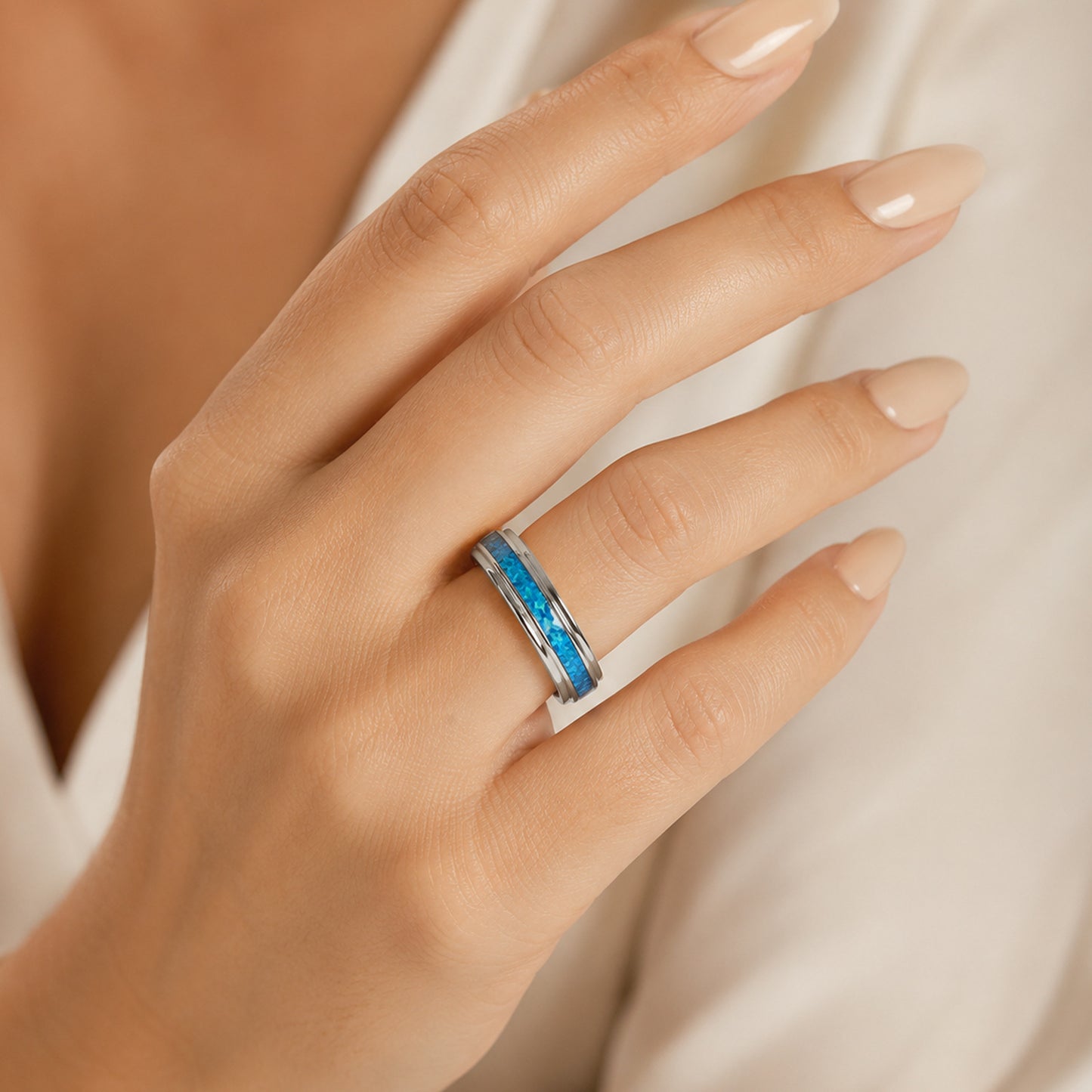 Planderful Everyday Genie Blue Opal Rotatable Ring Stainless Steel Unisex Jewelry for All