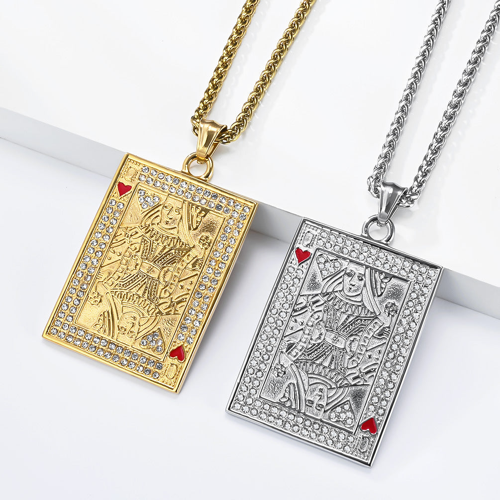 Planderful Hip Hop Pendant Necklace With Zircon Red Heart King K Charm Color Resistant Steel For Unisex Fans