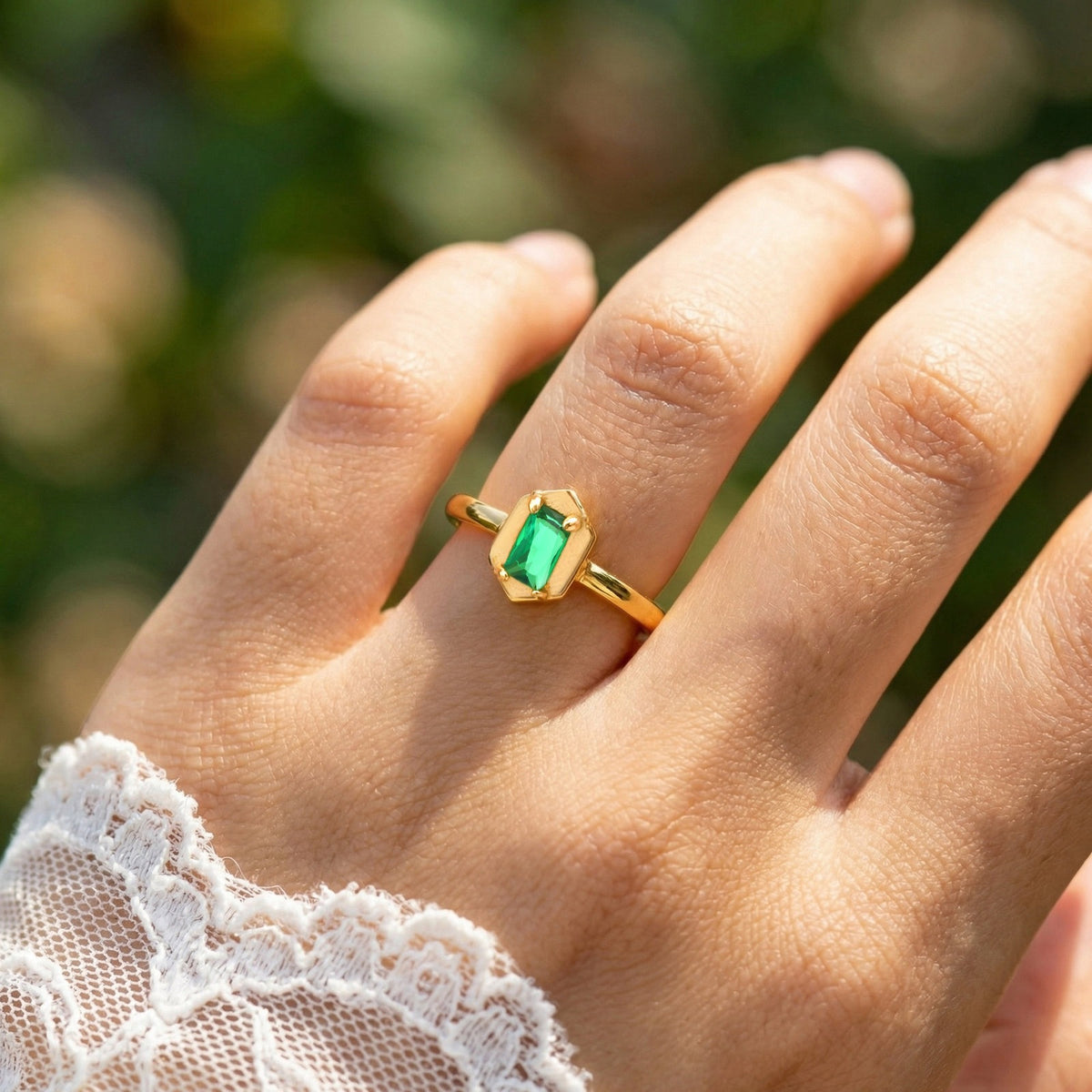 Small Plain Ring Women's Square Stainless Steel Hexagonal Green Zircon Geometric
