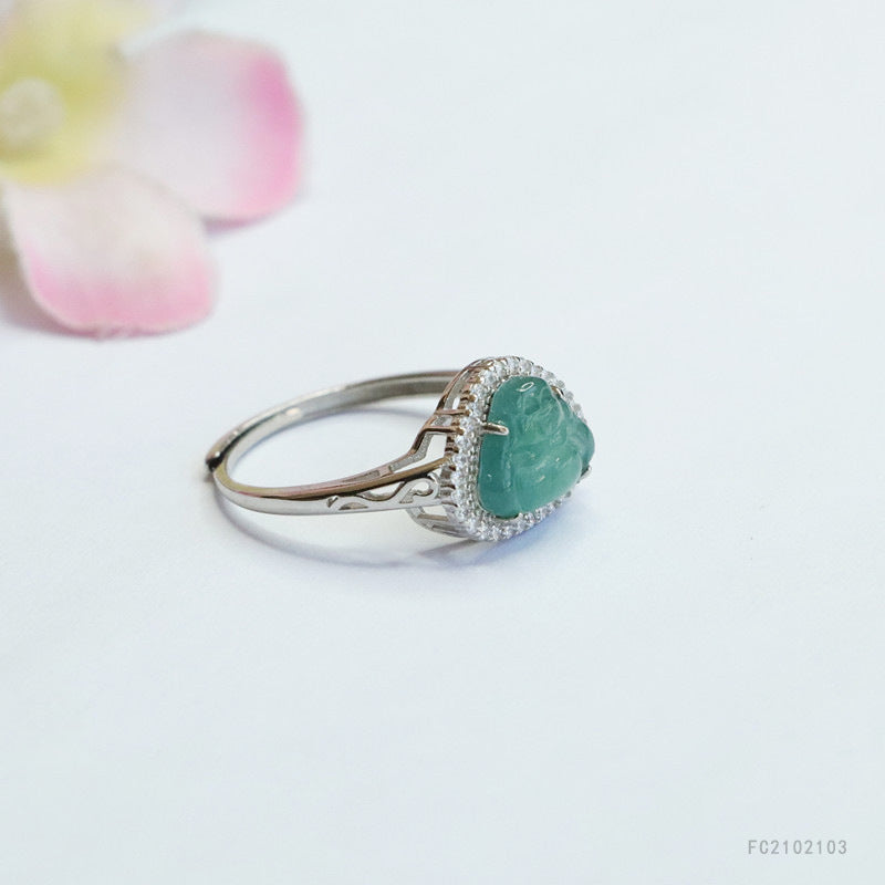 Icy Blue Jadeite Buddha Halo 925 Silver Ring
