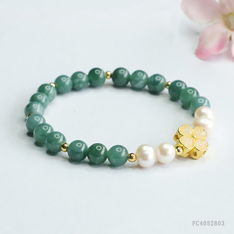 Blue Water Jadeite Four-Leaf Clover & Pearl Beaded Bracelet