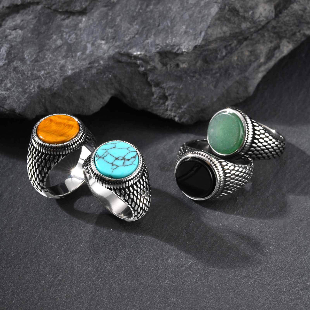 Stainless Steel – Black Agate – Turquoise Seal Ring