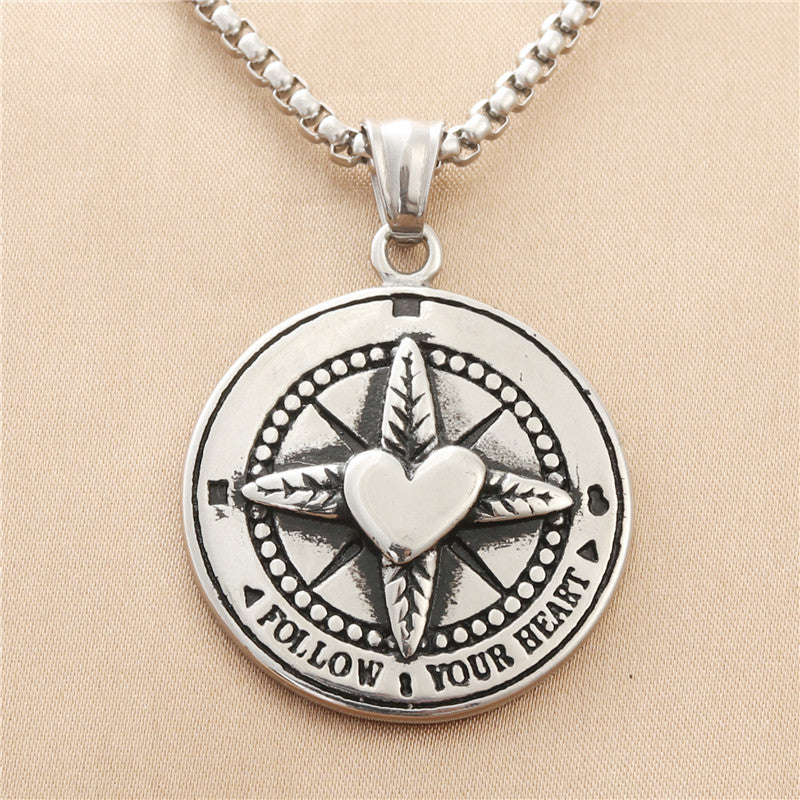 Personalized Titanium Steel Round Letter Pendant Necklace - Retro Punk Style with Cross and Leaf Design for Men