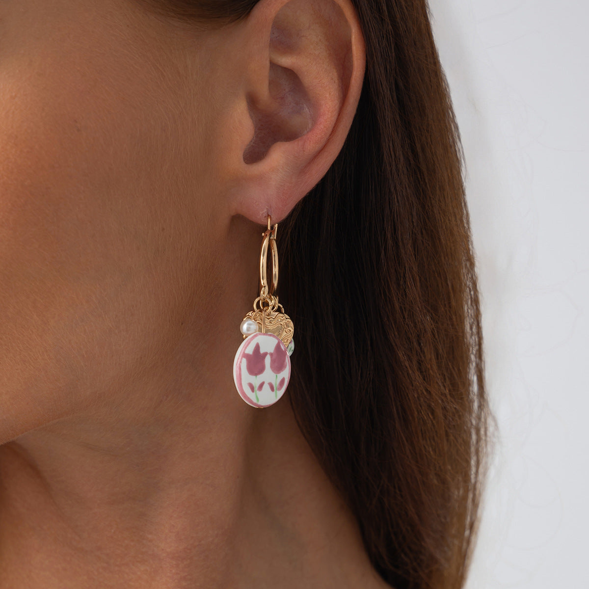 Planderful Pearl Heart Pendant Earrings Vienna Verve For Women Ceramic Flower Design Stunning Statement Jewelry