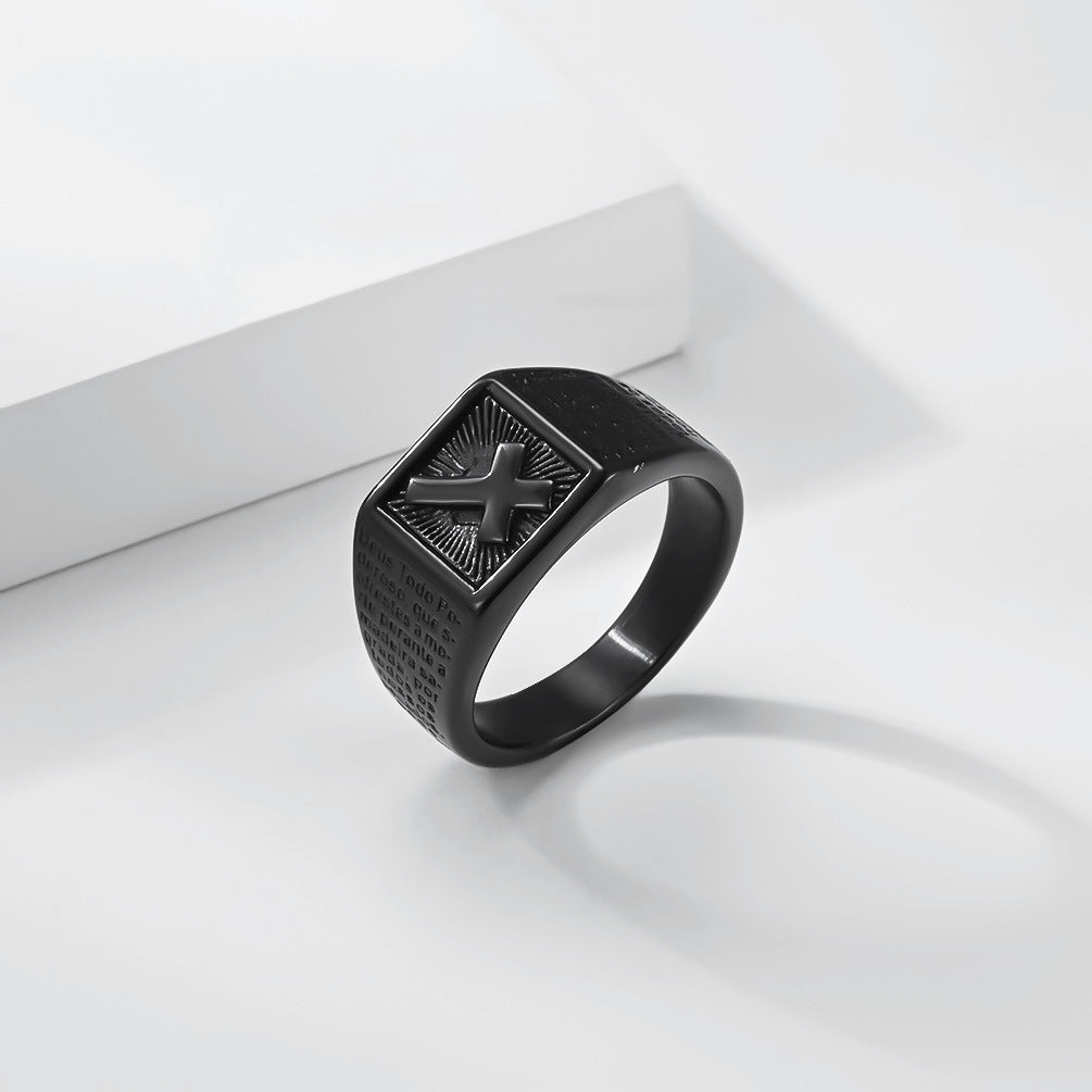 Planderful Scripture Cross Ring For Men Titanium Steel Fade Resistant Vintage Streetwear Style