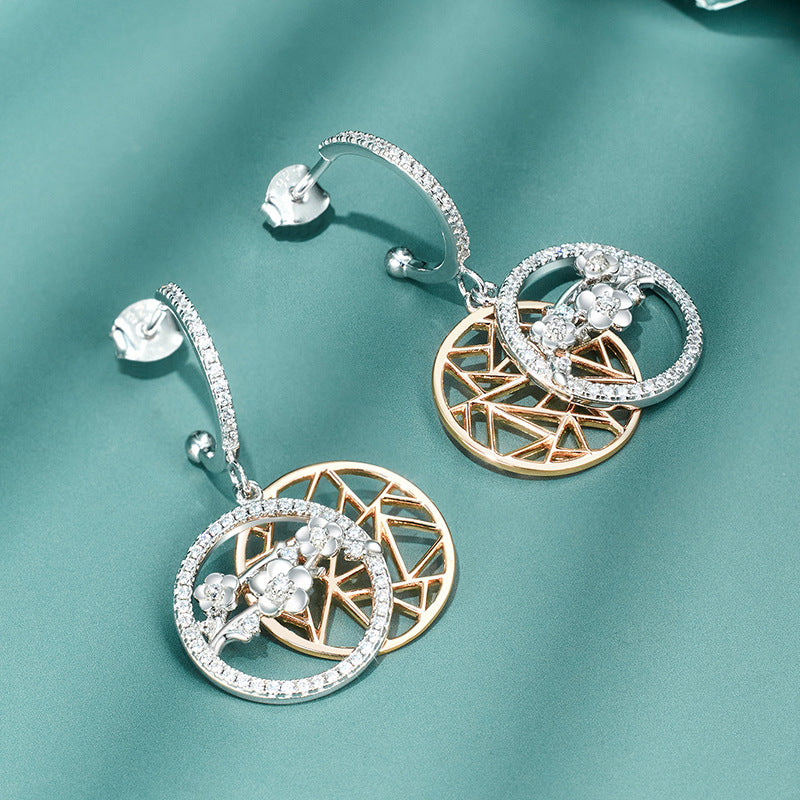 Zircon Plum Double Round Pendant C Shape Sterling Silver Drop Earrings