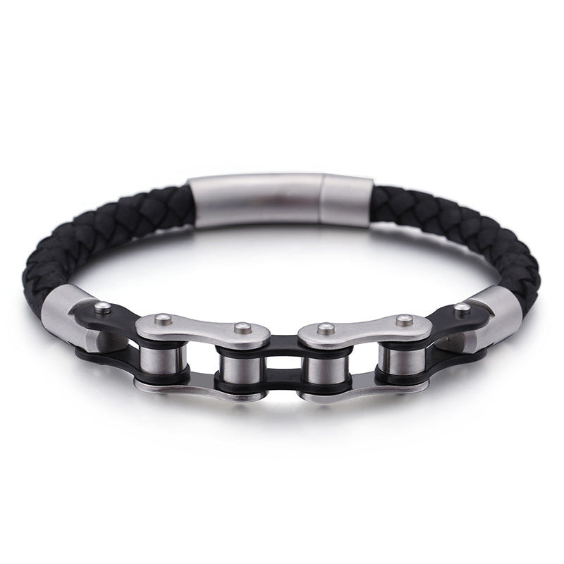 Cool Men's Stainless Steel Bicycle Chain Leather Bracelet – Locomotive Chain Cowhide