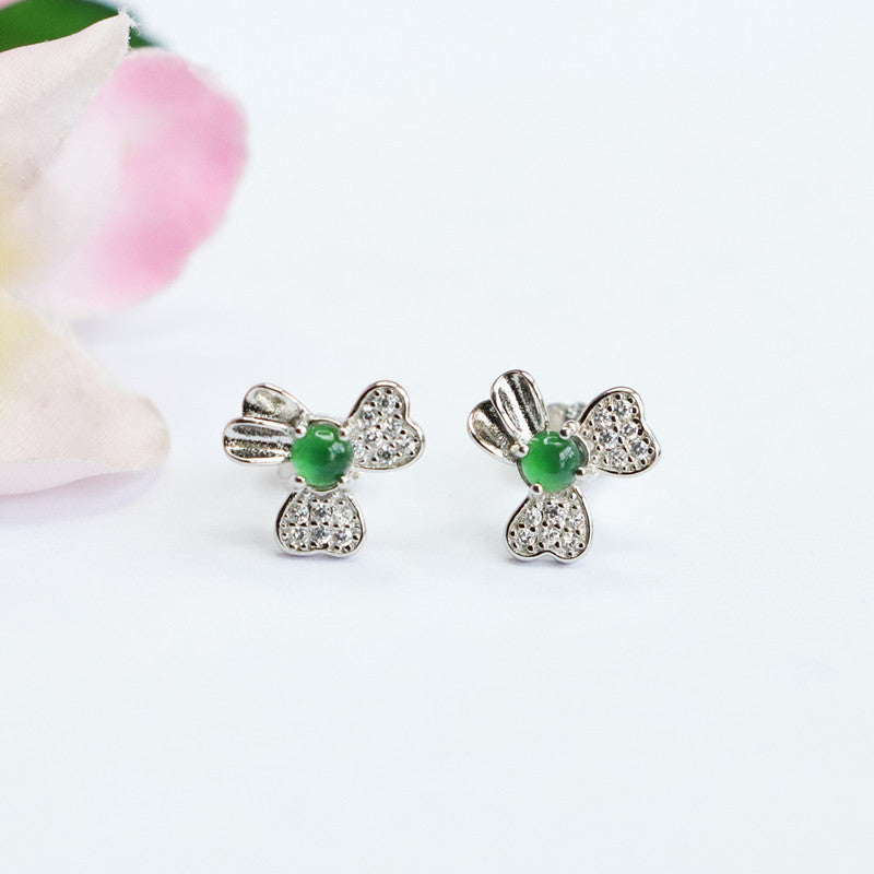 Icy Green Jadeite Bow 925 Silver Stud Earrings