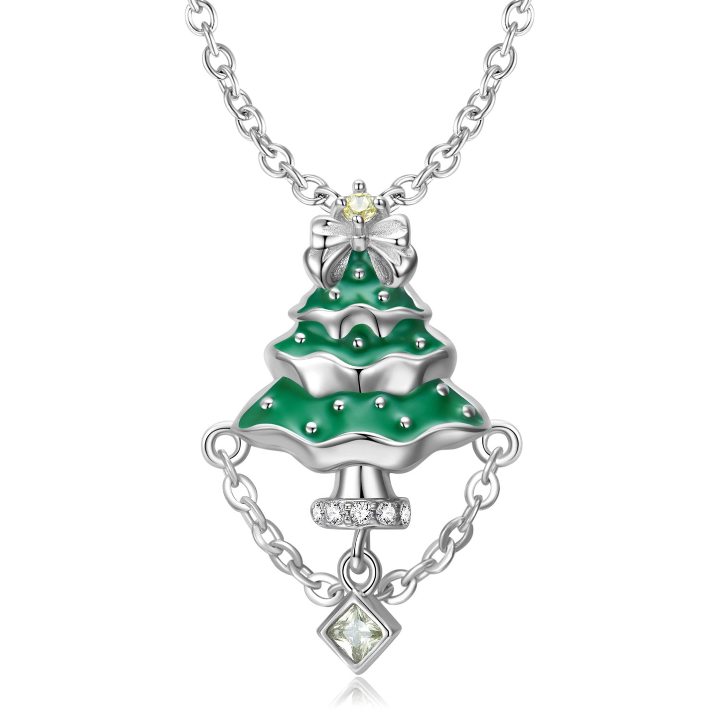 Christmas Tree Pendant Square Zircon Tassel Silver Necklace
