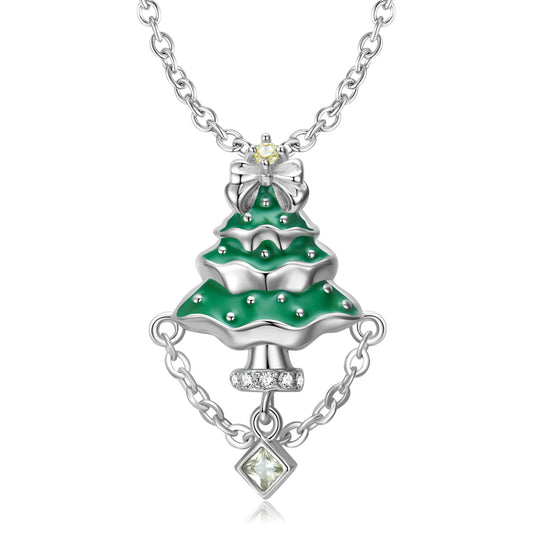Christmas Tree Pendant Square Zircon Tassel Silver Necklace