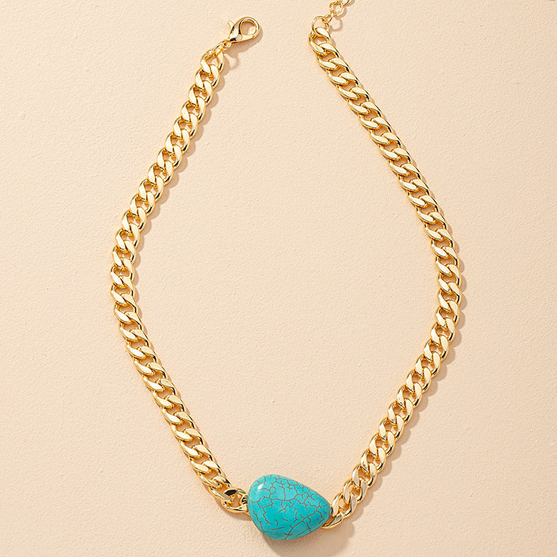 Vibrant Stone Pendant Necklace with Chunky Chain - Women's Fashion Accessory