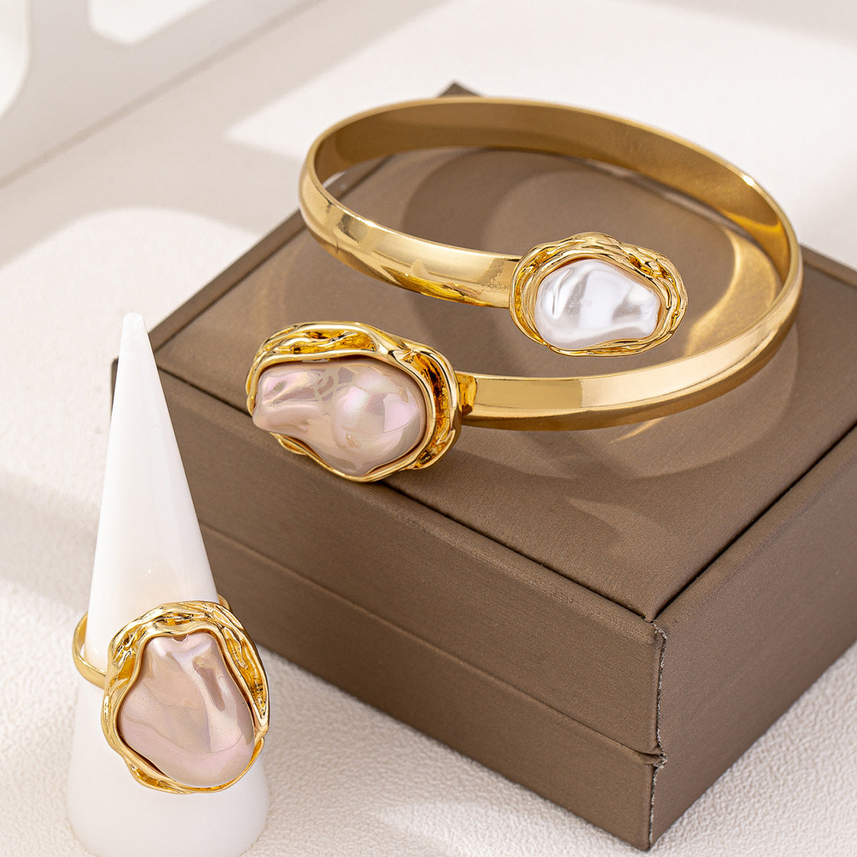 Elegant Pearl Ring and Bracelet Set by Planderful for Women