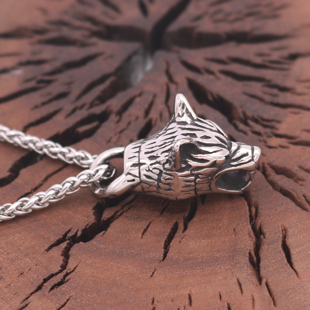 Nordic Wolf Head Stainless Steel Necklace - Men's Titanium Flower Chain