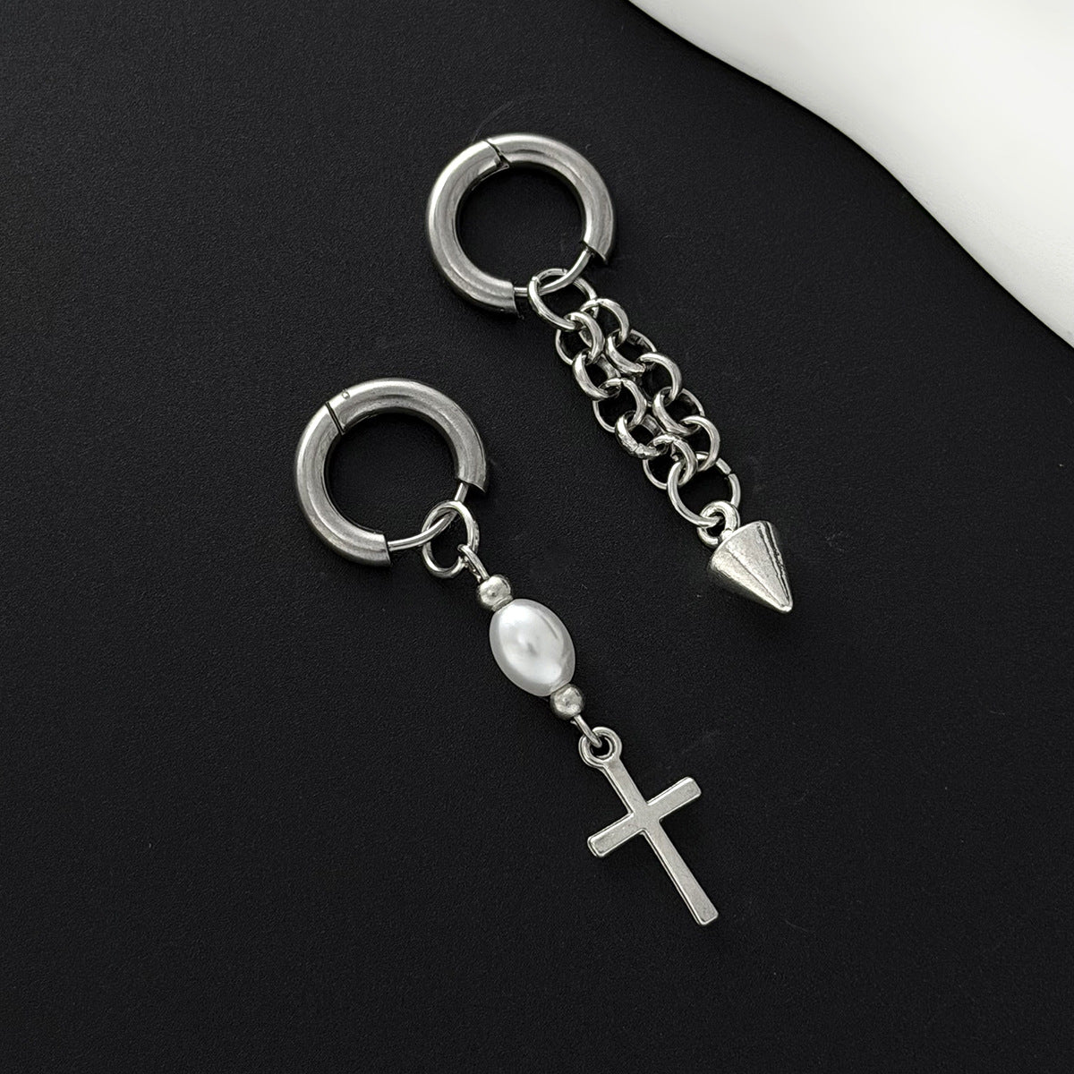 Planderful Pearl Fringed Earrings With Chain Rivet Cross Accent For Fashion Forward Women Statement Ear Jewelry
