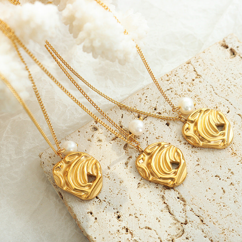 Gilded Titanium Steel Necklace with Irregular Freshwater Pearl Pendant