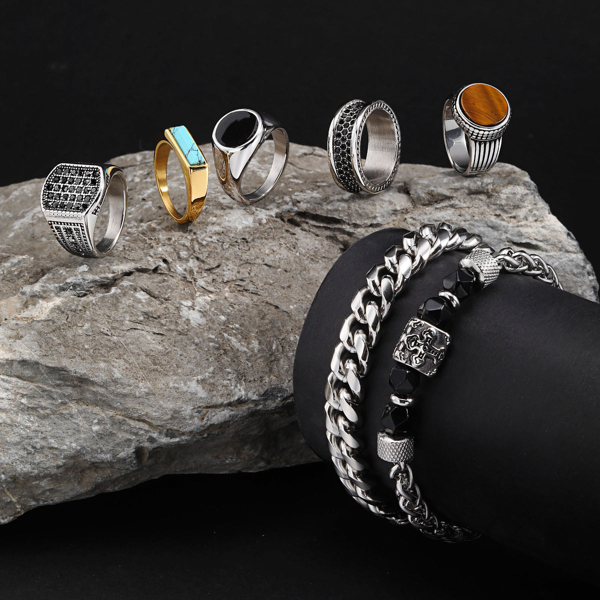 Stainless Steel Hip Hop Zircon Tiger's Eye Ring and Bracelet Men's Turquoise Wear