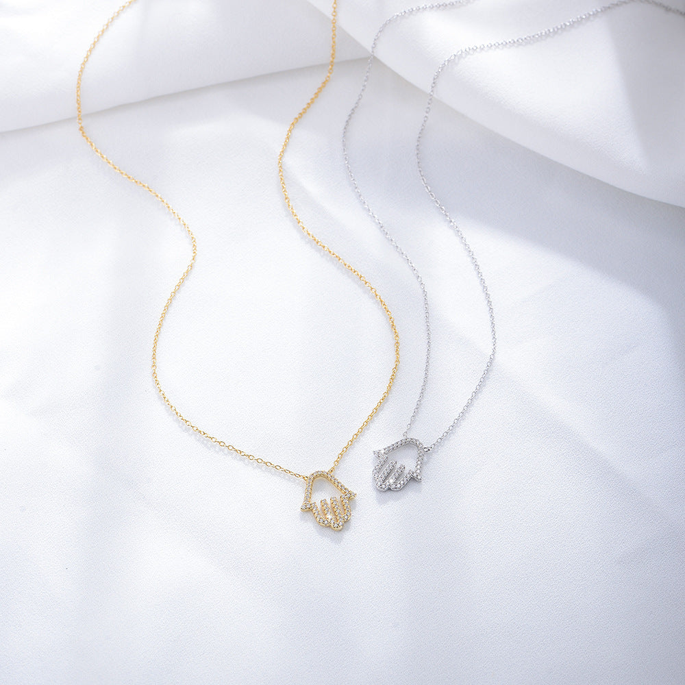 S925 Sterling Silver Micro-Inlaid Zircon Flash Hollow Palm Pendant Necklace Explosive Products