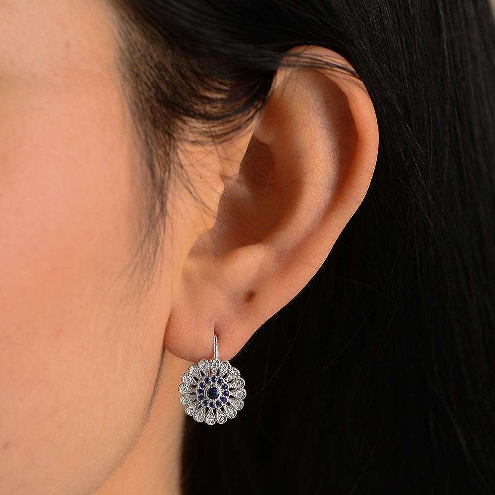 Planderful S925 Sterling Silver Sunflower Stud Earrings With Blue Zircon Luxury Jewelry For Women