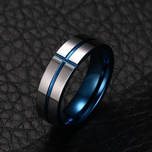 Korean Version Ring 6mm Tungsten Steel Blue Groove Cross Ring