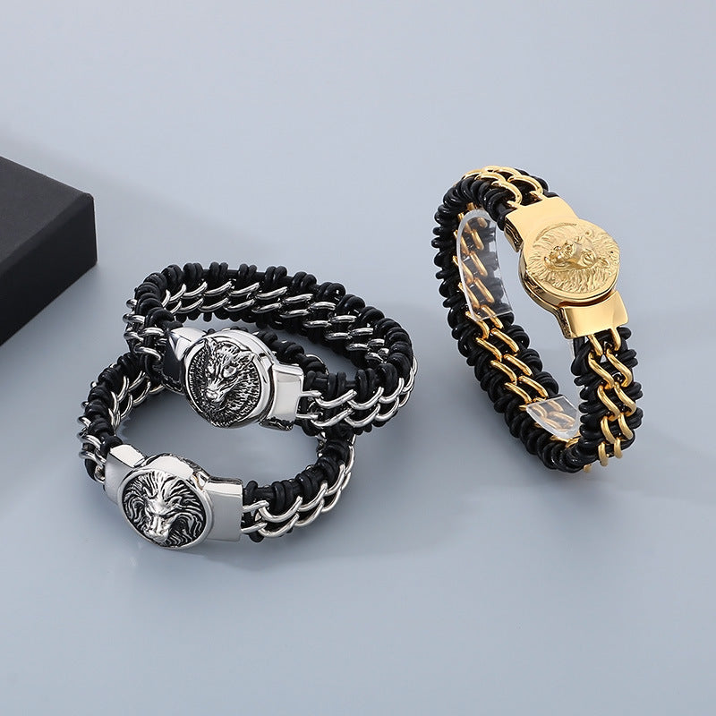 Wolf Head Bracelet – Punk Animal Lion Head Magnet Buckle Titanium Steel Woven Leather