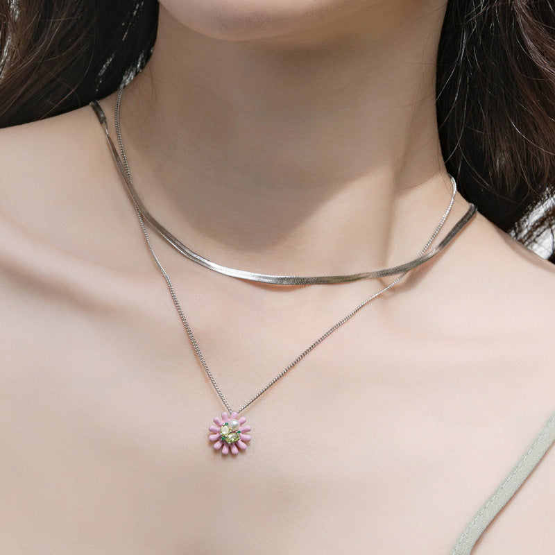 Sweet Pink Daisy Flower Zircon Pearl Double Layers Sterling Silver Necklace
