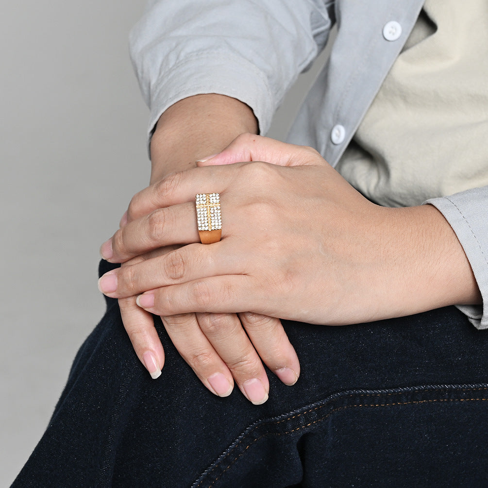 Stainless Steel Gold-Plated Zircon Cross Ring Men's
