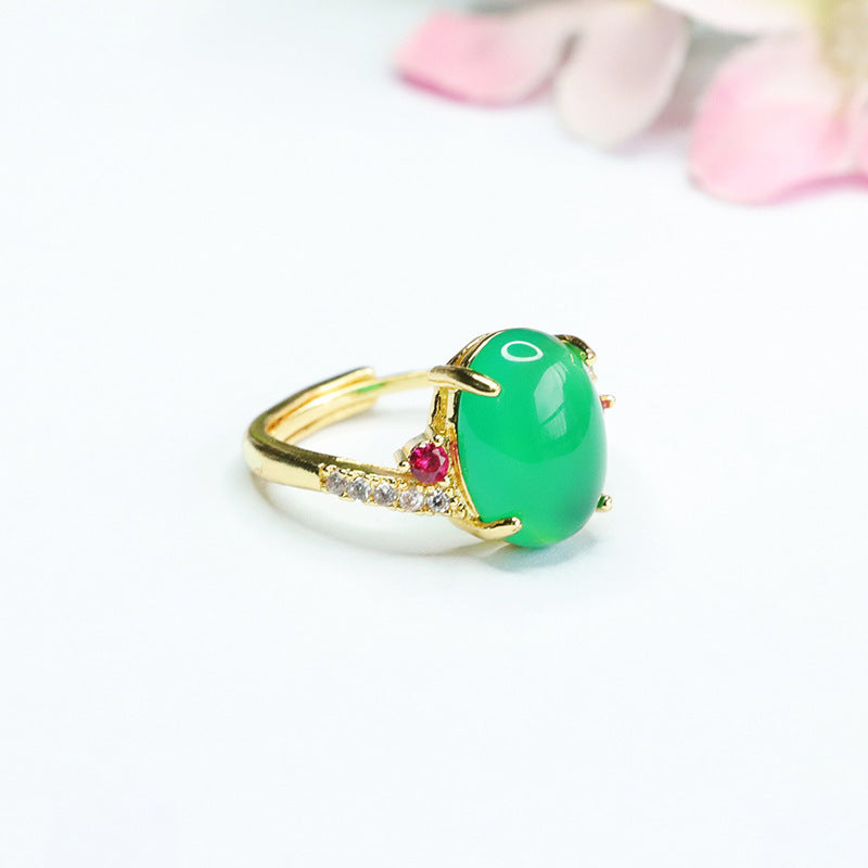 Imperial Green Chalcedony Zircon Ring with Sterling Silver