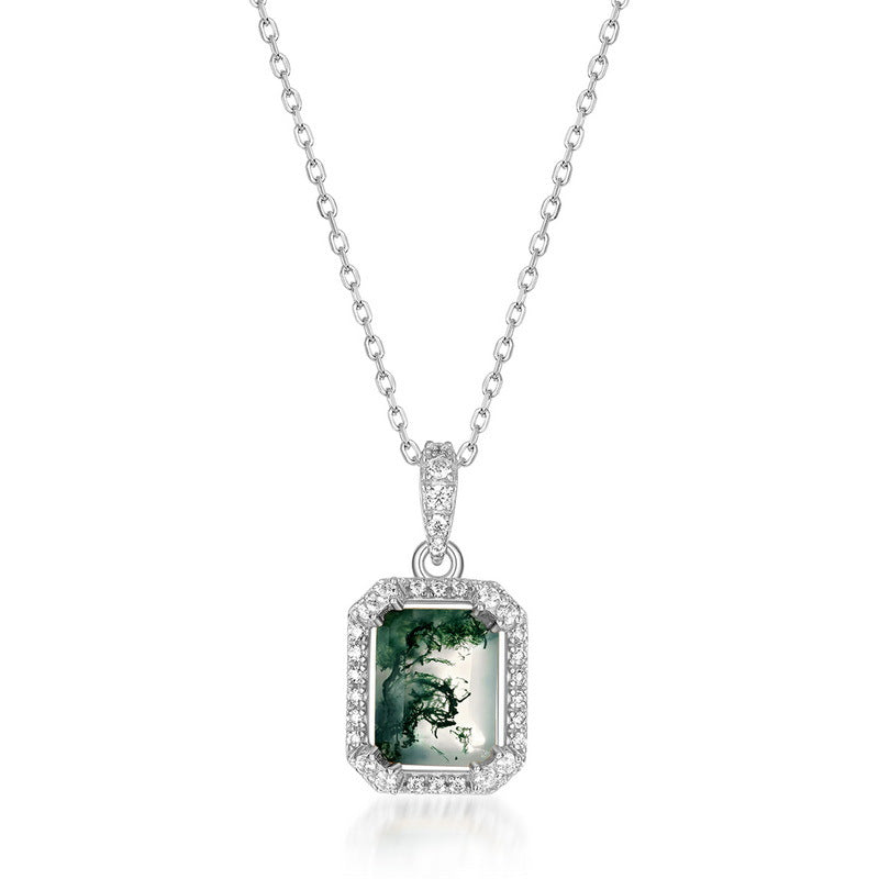 S925 Sterling Silver Moss Agate Pendant Necklace