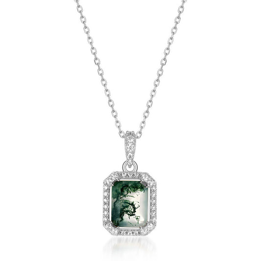 S925 Sterling Silver Moss Agate Pendant Necklace
