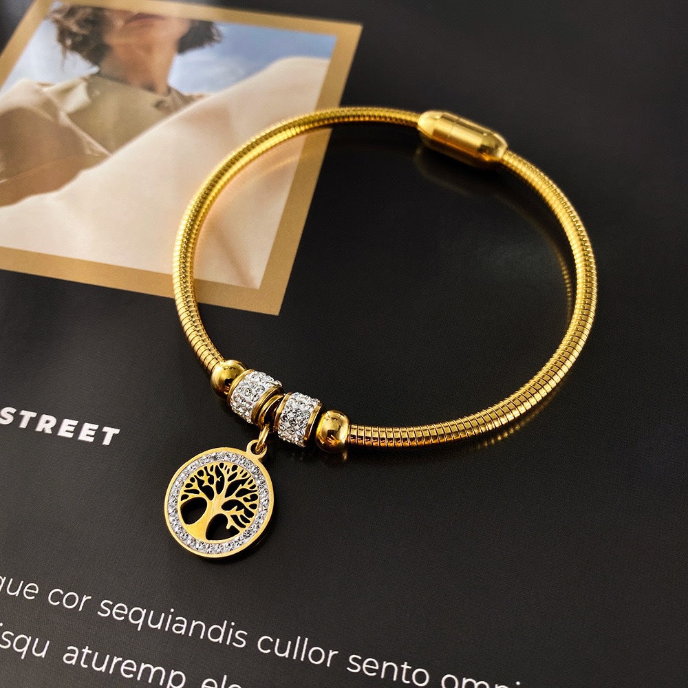 Planderful Tree of Life Diamond Encrusted Stainless Steel Bracelet Magnetic Luxury Jewelry For Women